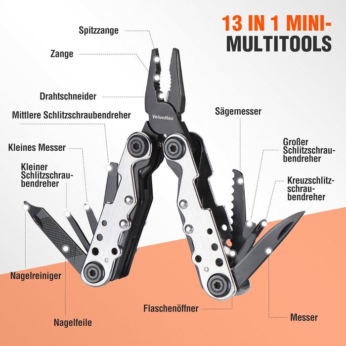 Мультитул ValueMax 13-в-1: мультиінструмент з плоскогубцями та ножем для кемпінгу та ремонту