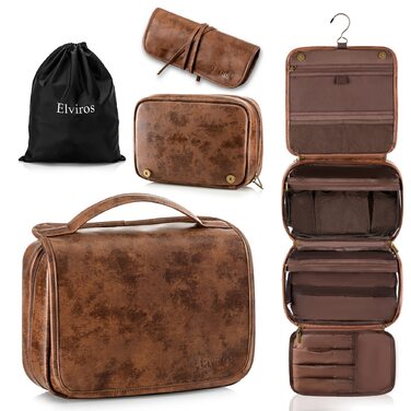 Чоловіча туалетна сумка Elviros з PU-шкіри, 3-в-1, велика водонепроникна косметичка для подорожей (темно-коричнева)