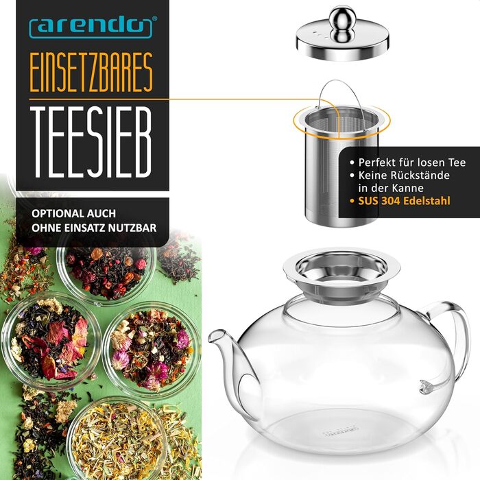 Скляний чайник Arendo з ситечком з нержавіючої сталі, боросиликатне скло, 1200 мл, термостійкий для листового, трав'яного та фруктового чаю