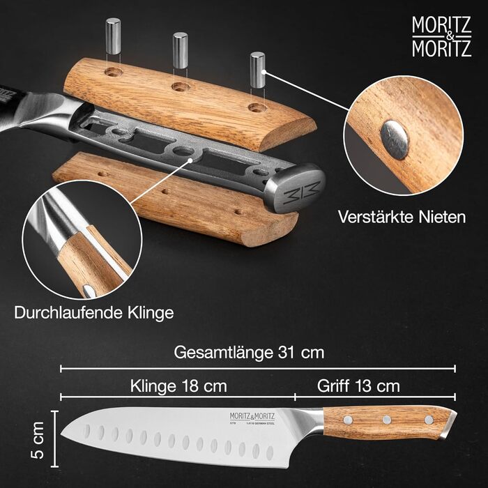 Ніж Santoku Moritz & Moritz 18 см - професійний кухонний ніж у японському стилі з надзвичайно гострою клинком - для м'яса, суші та іншого. Ергономічна ручка з акації. Німецька сталь Santokumesser