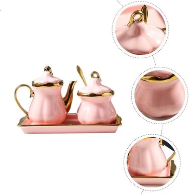Ceramic Milk Pitcher and Sugar Bowl Set, Sugar Container, Milk Canister with Tray, Spice Jar with Lid and Spoon, Creamer, Coffee Service Set for Home, Cafe, Bar (Pink)