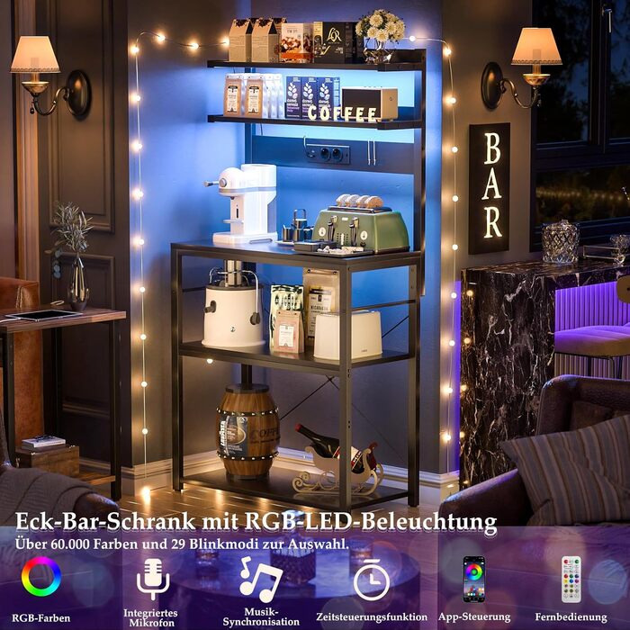 Кухонна полиця-стійка з розеткою, підставка для мікрохвильовки, 5-ярусна кавобар з LED-підсвічуванням, полиця для спецій, каструль та сковорідки (60 см, чорний)