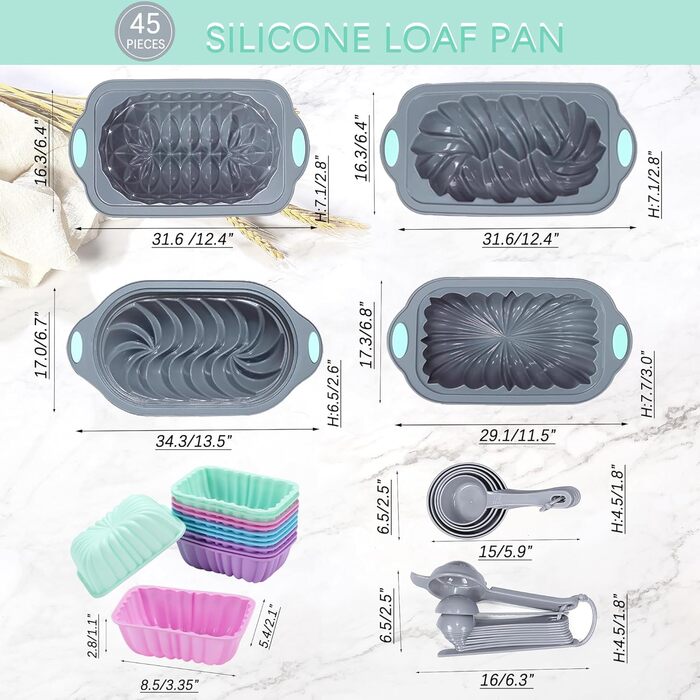 Tongjude 45-Piece Silicone Baking Molds Set, 6-Cup Silicone Baking Mold for Baking Bread, Ribbed Cupcake, Non-Stick Kitchen Baking Molds, with Measuring Cup and Spoon Set, gray