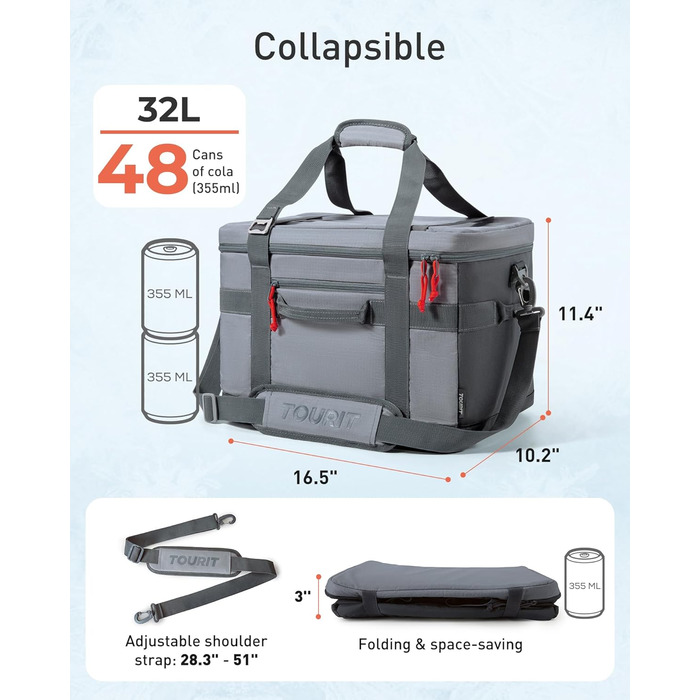 Термосумка TOURIT 32L сіра - ізольована, для пікніка, велика, складна, для транспортування продуктів
