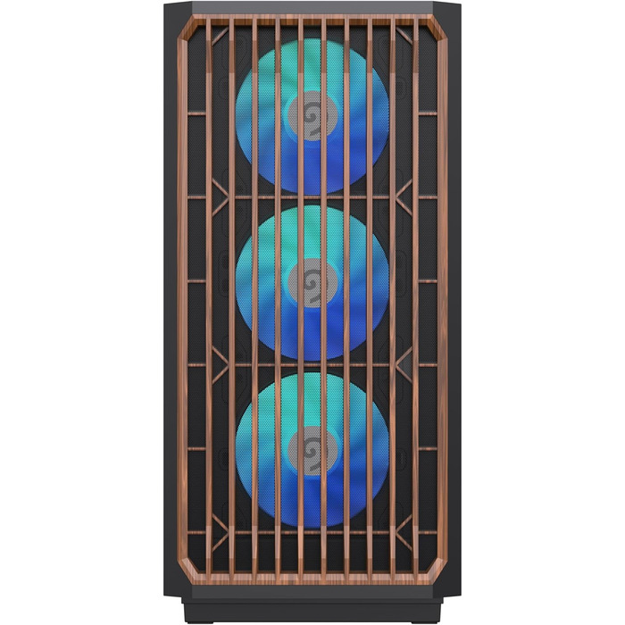 Корпус ПК GAMEMAX F45 Mid-Tower чорного кольору з дерев'яним декором, 4x ARGB PWM вентилятори, сумісний з BTF материнськими платами, скляна бічна панель, для геймінгу