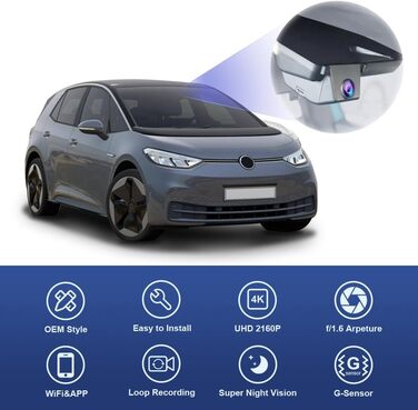 Відеореєстратор Fitcamx для VW ID.3 (2020-2026) та Seat Cupra Born, 4K UHD 2160P, WiFi, нічна зйомка, OEM дизайн, G-сенсор, циклічний запис, WDR, Plug & Play, з карткою пам'яті 64 ГБ