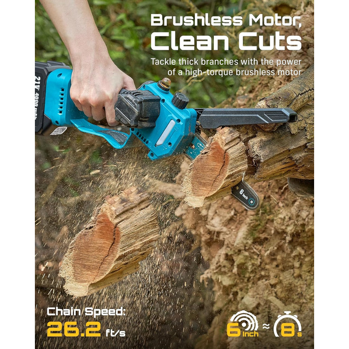 Акумуляторна міні-пила SEESII 6 дюймів (8000mAh) з автоматичною змащенням та запасним ланцюгом - для стрижки гілок та дерева