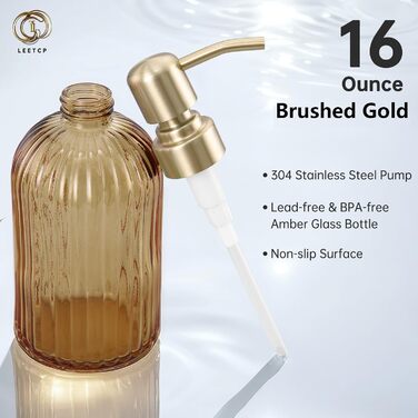 Дозатор для мила з бурштинового скла, 473 мл, з бурштиновими смугами, з помпа золотого кольору, для ванної кімнати та кухні
