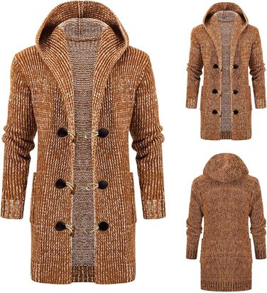 Чоловіча в'язана кардиган з бавовни - тепла чоловіча толстовка з капюшоном та ґудзиками для осені та зими (Хакі, 3XL)