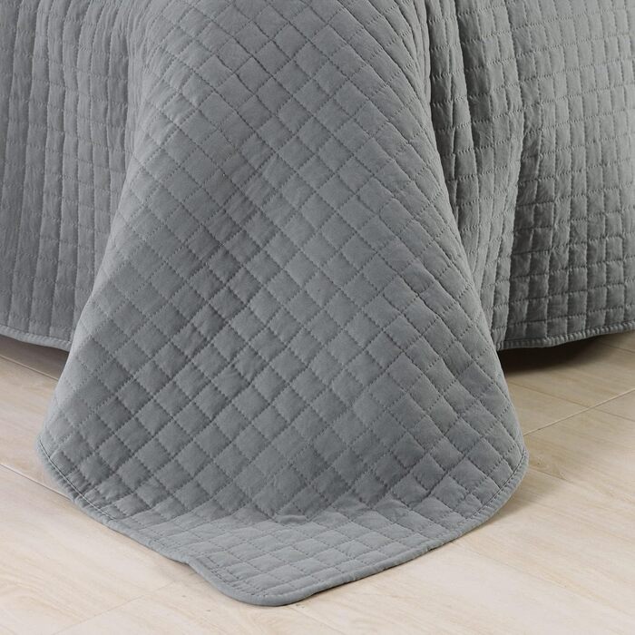 WOLTU Плед-плед для ліжка 170x210 см, стеганий плед з ефектом 2-в-1, Patchwork, перевернутий дизайн, в клітинку, сірий+світло-сірий, для двоспального ліжка