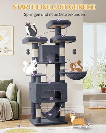 Кігтеточка для котів Hzuaneri, 176 см, XL, 3 платформи, 2 печери, 7 кігтеточних стовпів, гамак, плюшеві кульки, для багатокотових домівок, темно-сірий MS17618SG