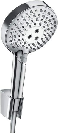 Hansgrohe Raindance Select S 120 Showerhead including showerhead holder, White/Chrome (3 spray patterns including PowderRain, set with shower hose 1.60m, Chrome)