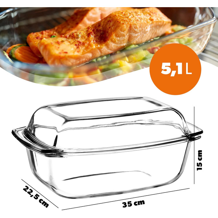 Форма для запікання KADAX з кришкою та ручками, 5.1 л, прямокутна скляна форма для запікання, для м'яса, лазаньї, 5.1 л