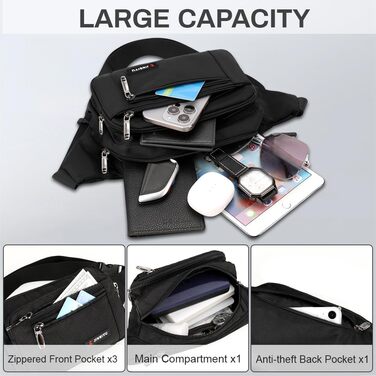 Поясна сумка на пояс для чоловіків та жінок, сумка на ремінь з блискавкою, універсальна сумка на стегно з 5 відділеннями, спортивна сумка на стегно для активного відпочинку, туризму, кемпінгу та їзди на велосипеді, чорна