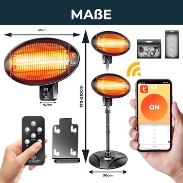 Інфрачервовий обігрівач KESSER® 2000W з Wi-Fi та пультом дистанційного керування, 360° обертання, регулювання висоти, підставка та настінний монтаж, захист від перекидання, IPX4 вологозахист, для тераси, балкону та саду, чорний