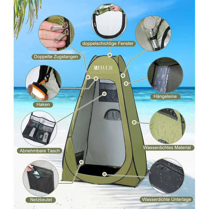 Camping Privacy Tent with Shower - Pop Up Changing Room & Toilet Shelter - UV 50+ Protection - Portable Outdoor WC Tent for Camping & Beach - Includes Carry Bag
