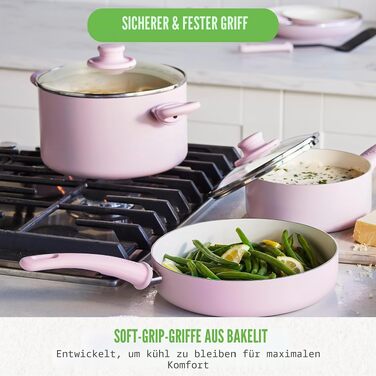 Набір кухонного посуду GreenLife Soft Grip з керамічним антипригарним покриттям, 16 предметів (сковорода, сотейник, каструлі), без PFAS, підходить для посудомийки та духовки, Рожевий