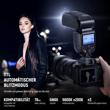 NEEWER NW700-S: Світловий спалах (Blitz) TTL для Sony DSLR, 1/8000s, 1/1-1/256, TCM, 230W, швидка перезарядка