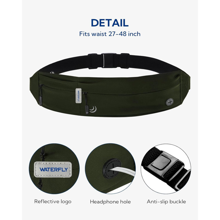 Водонепроникний поясний ремінь WATERFLY для телефону: спортивна сумка-чохол для бігу, джогінгу, фітнесу, подорожей (армійсько-зелений)