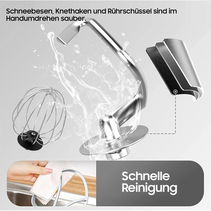 Кухонна машина з чашею 6л з нержавіючої сталі, міксер для тіста з Flexi-мішалкою, гаком для тіста та вінчиком, 6 швидкостей, 1500 Вт