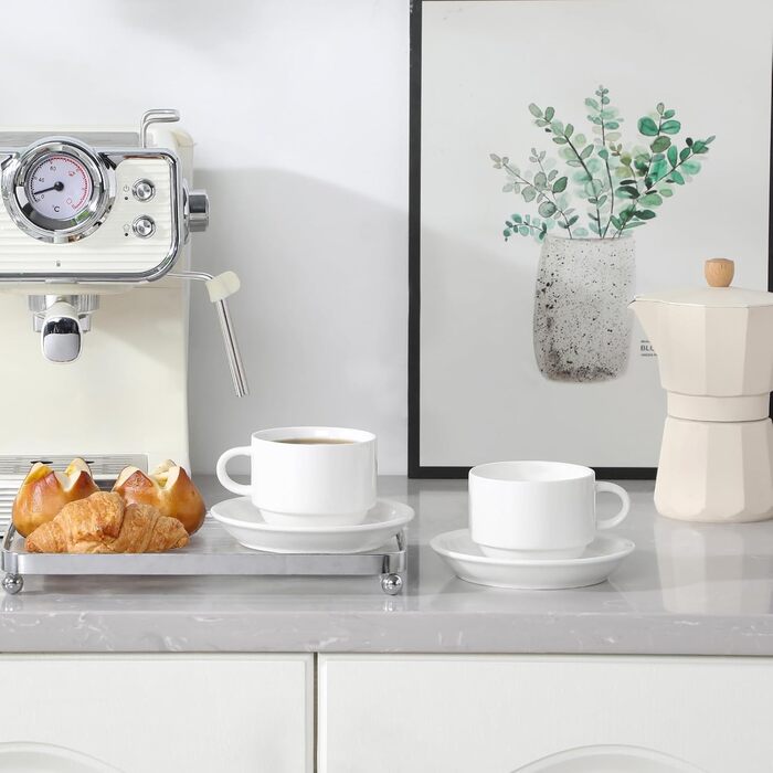 Набір чашок еспресо MALACASA 4 шт., 75 мл, з підставками та стійкою, 240 мл, біле порцелянове, для еспресо, Regular