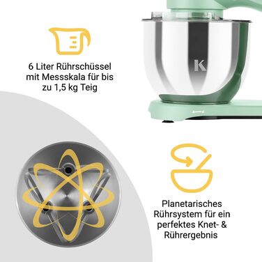 Кухонний комбайн KLAMER 1800W, планетарний міксер для тіста з чашею з нержавіючої сталі 6л (Premium Mint)