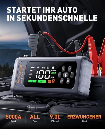 Powerbank Starthilfe 5000A з компресором 150PSI: акумулятор для авто 12V, бустер, аварійний старт, ліхтарик, рукавички