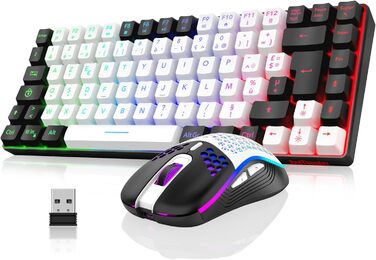 RedThunder K84 Combo: Бездротова клавіатура та миша USB, AZERTY (французька), 75% TKL, 3200 DPI (білий/чорний)