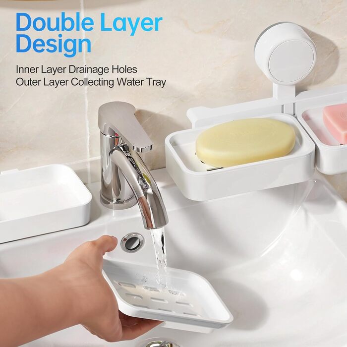 Миска для мила з двошаровою конструкцією та присоском, милотримач на стіну без свердління, милотримач для душу з піддоном, білий, 2 яруси