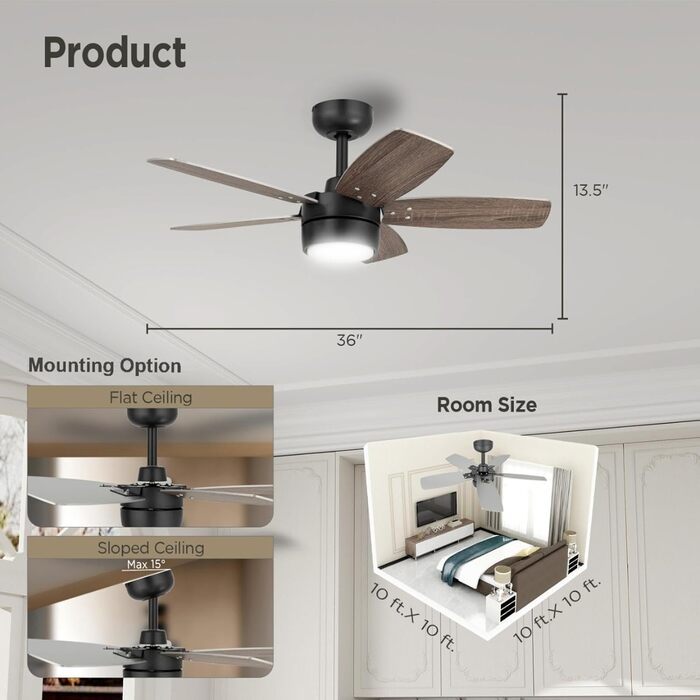 Стеляний вентилятор для маленьких кімнат: сучасний вентилятор з регульованим світлом та пультом керування – реверсивний, тихий з 6 швидкостями для маленьких спалень - 230V (Бронза+волоський горіх, 91 см)