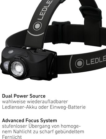Налобний ліхтар Ledlenser MH8 600 лм, акумуляторний, LED, чорний, фокусування, до 60 годин роботи, червоне/зелене/синє світло, можливість живлення 2xAA, для полювання та риболовлі
