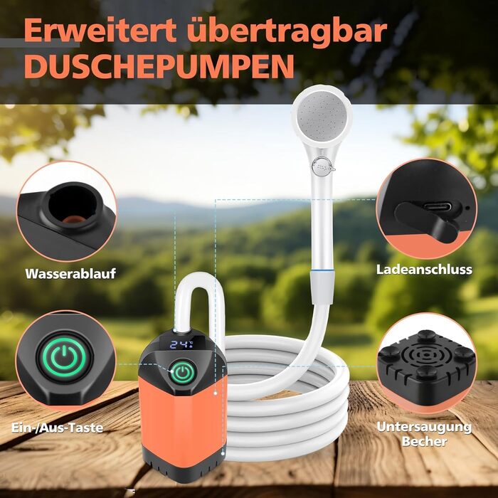 Портативний душ для кемпінгу Leise з акумулятором 7800mAh, USB-C, 3 режими, LED-дисплей, помаранчевий