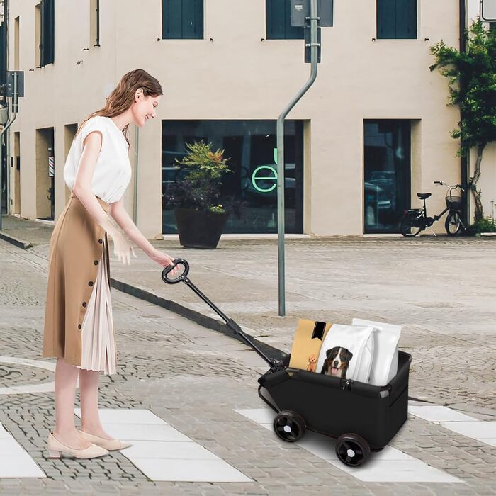 Візок для собак та котів OHMG, складний, до 20 кг, з гальмами, великий кошик, 3 вікна, тримач для напоїв, чорний