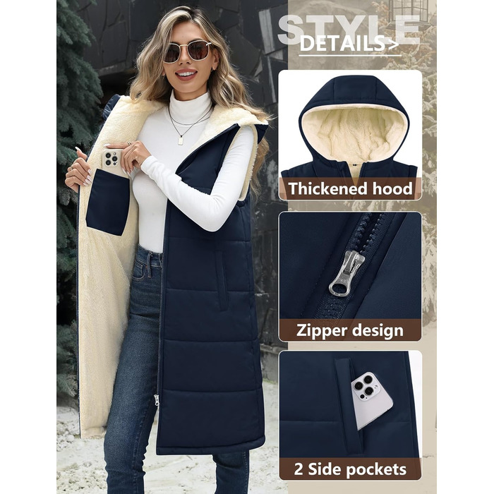 Жіноча степкова жилетка Vancavoo з капюшоном для осені/зими. Тепла жилетка з флісу, темно-синього кольору, розмір S.