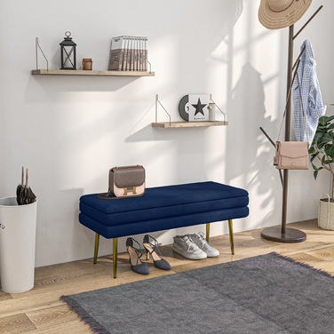 HOMCOM Bench, Upholstered Bench with Storage, Velvet-Look, Bed Bench with Steel Legs, Shoe Bench, Storage Bench for Living Room, Bedroom, Blue, 79.5 x 37.5 x 43 cm | Aosom
