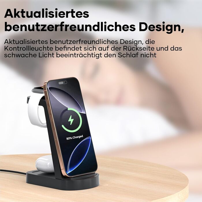 Бездротова зарядка 3-в-1 з адаптером 18W, сумісна з iPhone 16/15/14/13/12 Pro/Pro Max, Apple Watch, AirPods Pro (Чорний)