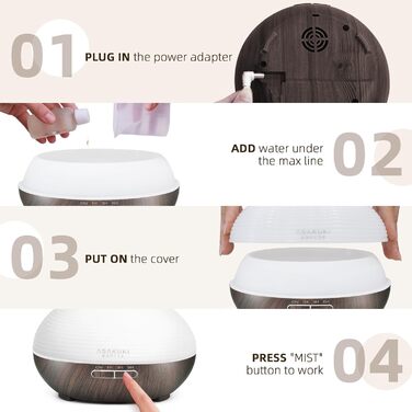 ASAKUKI Дифузор ароматичних олій 300мл, ультразвуковий зволожувач повітря, ароматерапія, LED-підсвічування, без BPA, для спа, офісу, спальні (Чорний)