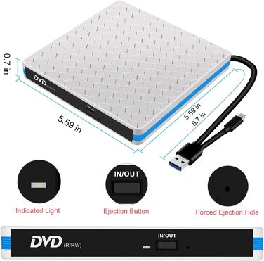 Зовнішній CD/DVD привід USB 3.0 та Type-C з картридером SD/TF, портативний RW-записувач для ноутбука, ПК, MacBook (Windows, macOS, Linux) — Білий