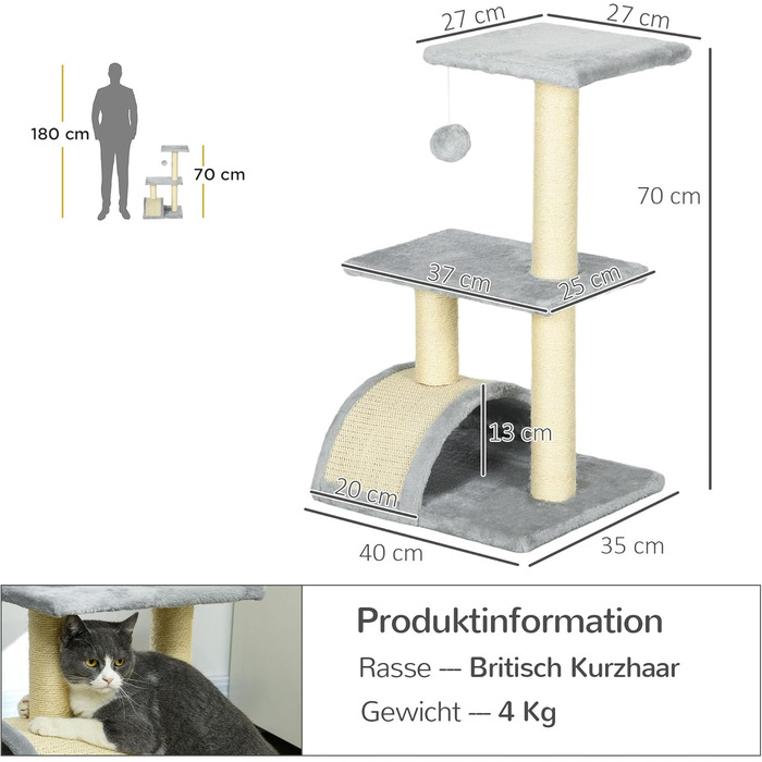 Котячий будиночок PawHut: невеликий когтетоп з 2 рівнями, іграшкою та будиночком, сірий, 40x35x72 см