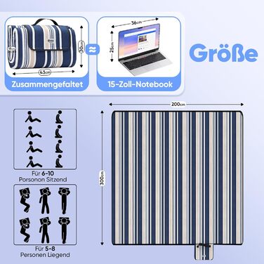 Килимок для пікніка Sekey 200x200 см, вологостійкий, для пляжу та кемпінгу, блакитно-біло-бежевий