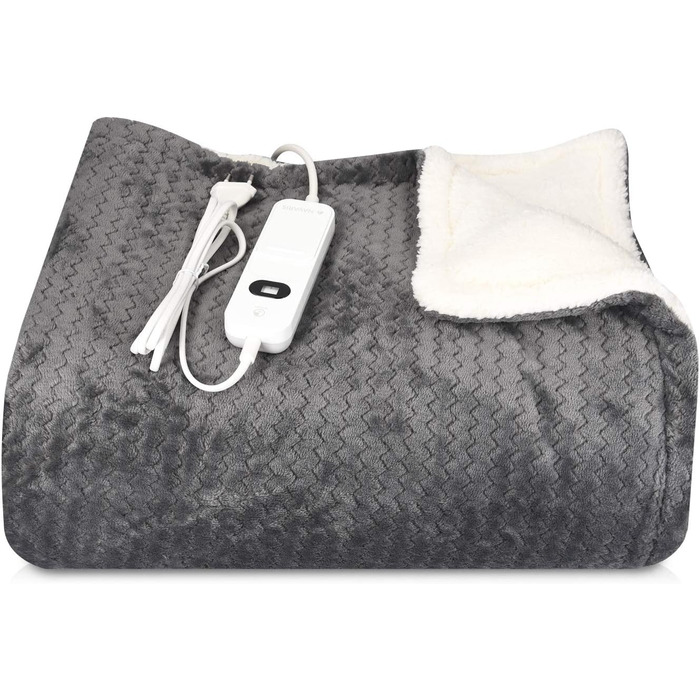 Електрична ковдра Navaris XXL з підігрівом 180x130 см, 3 режими, автовимкнення, пральна, сіра та біла, плюшева