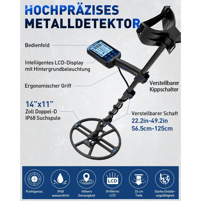 Професійний металошукач Metalldetektor Professional з водонепроникною DD-котушкою 14'' та широким діапазоном сканування, з функцією Pinpoint, глибиною виявлення 33 см, 4 режими, для дорослих, синій