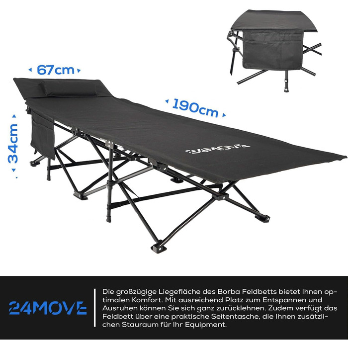 Розкладне ліжко 24MOVE® для кемпінгу та відпочинку на природі, 190 x 67 x 34 см, чорне