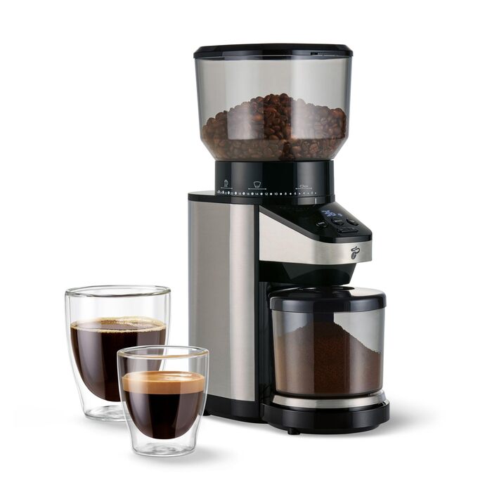 Електрична кавомолка Tchibo з вбудованими вагами, з нержавіючої сталі, конічні жорна, 26 ступенів помолу, чорно-срібна