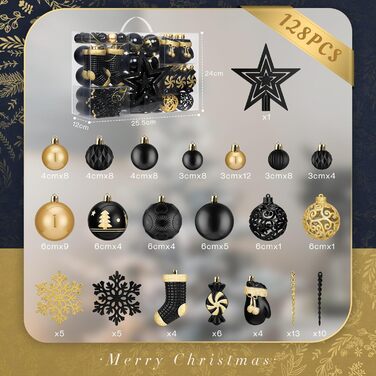 Набір прикрас на ялинку SOLEDI® 128 шт. Преміум якість, пластикові кулі білого кольору з зіркою на верхівку. Міцний та безпечний набір прикрас з підвісками. Різнокольорові ялинкові кулі, багаторазовий декор на Різдво (чорний)