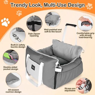 Автокрісло для собак 3-в-1 з переносною ліжком для маленьких собак – зручне автокрісло з розкладною поверхнею, м'яким матрацом, для переднього або заднього сидіння, внутрішнє та зовнішнє (02-Сірий)