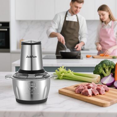 Електричний подрібнювач Jobfun 2L з нержавіючої сталі, 2 швидкості, мультиподрібнювач, м'ясорубка, подрібнювач для м'яса, цибулі, овочів (сірий)