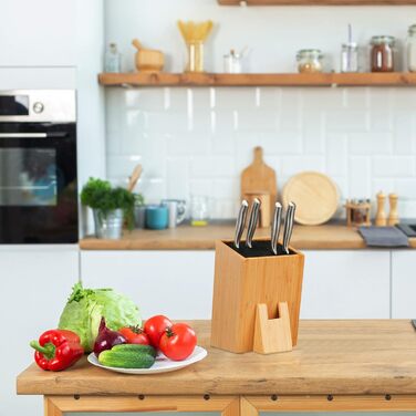 Relaxdays Knife Block, Unstocked, Bamboo Knife Holder, Universal, Knife Storage with Brush Insert, Natural/Black