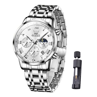 Чоловічий годинник на кварцовому механізмі з хронографом та фазами місяця. Стильний класичний годинник з нержавіючої сталі. Водостійкий годинник для чоловіків. Колір: сріблястий, чорний, золотий, блакитний. Модель: R5529g-g-b