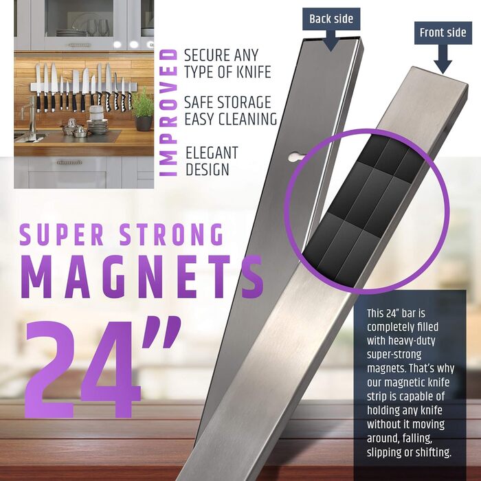 Premium 61cm Magnetic Knife Strip for Wall (Large Size) - Extra Strong Magnetic Knife Holder - Space-Saving Magnetic Knife Rail with Strong Magnetic Pull (Updated Version)